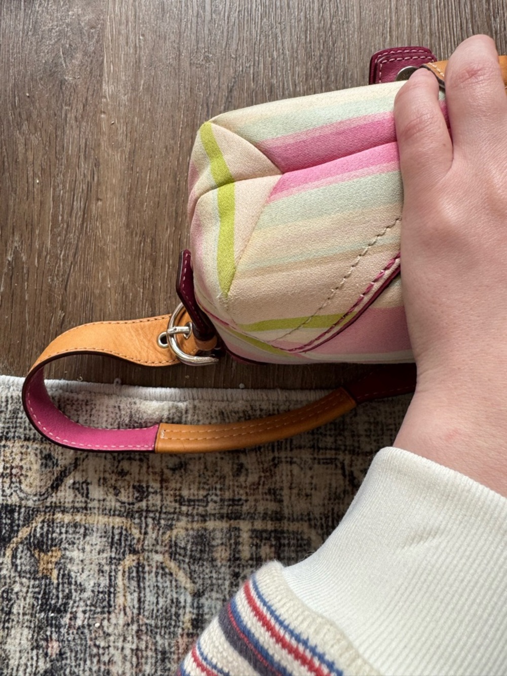 Vintage Coach Striped Pastel Shoulder Bag with Pink Trim and Tan Buckle - Picture 17 of 17